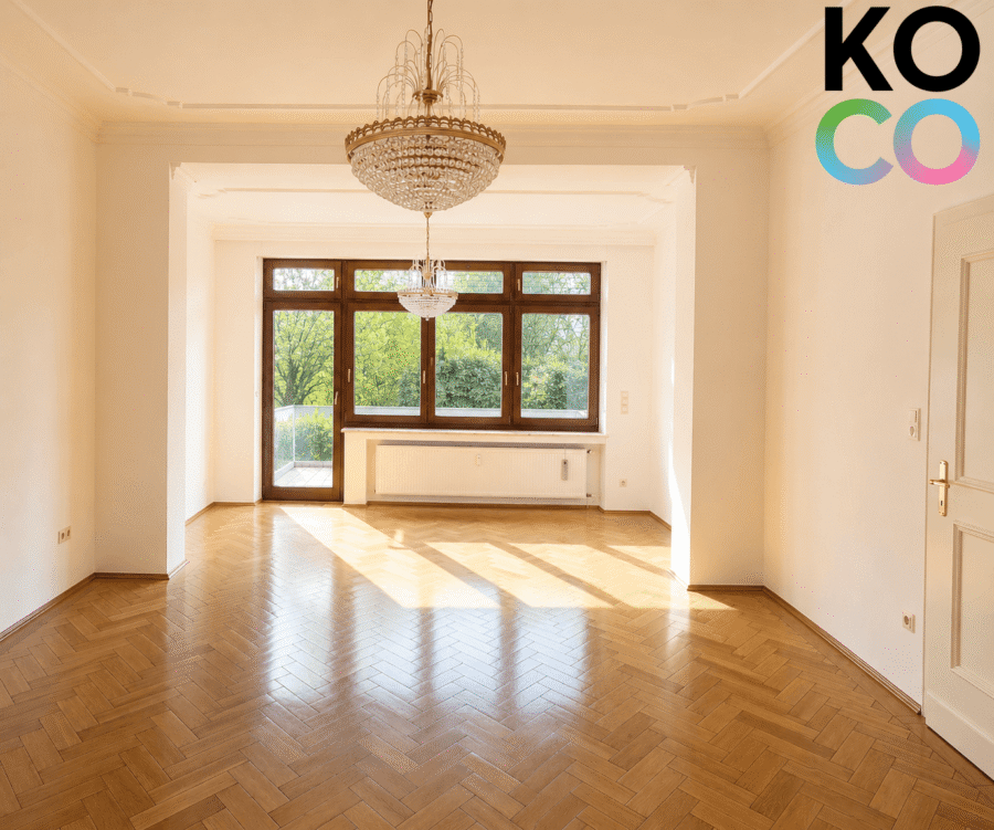 Wohn- und Esszimmer mit Zugang zur Terrasse und zum Garten - Repräsentative 130 m² Altbauwohnung mit 100 m² Garten und Sonnenterrassen am Minto